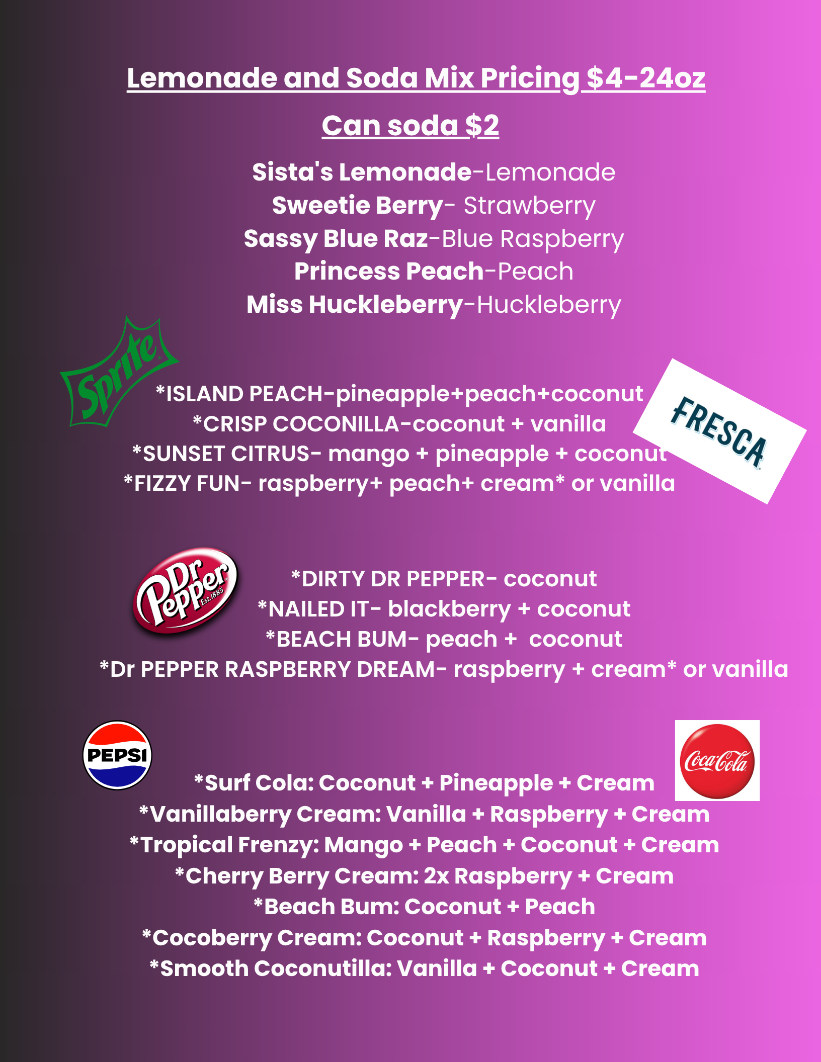 Sistas Mix and Sips Menu